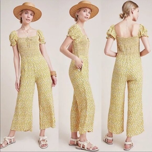 Faithfull The Brand Della Jumpsuit yellow floral cap sleeve 4 smocking small - Picture 1 of 12